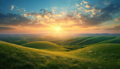 Fototapeta premium Sunrise over the hills in first springtime copy space surreal Overlay rolling hills
