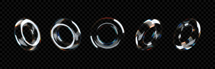 3D crystal glass torus with refractive and holographic effects, isolated on a transparent background. Rendered transparent glass rotating torus with light dispersion overlay.