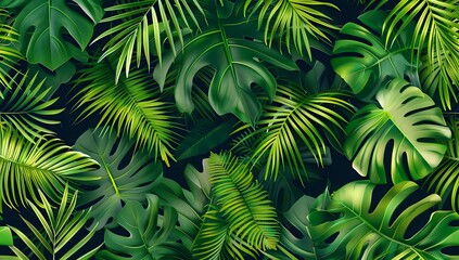 Lush Tropical Leaves Form a Vibrant Green Background with Palm Fronds and Monstera