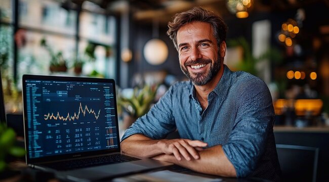 Happy business man crypto broker, financial investor, trader or expert adviser at work, stockbroker portrait. Digital trade finance exchange market, bank asset management, stock funds investment.