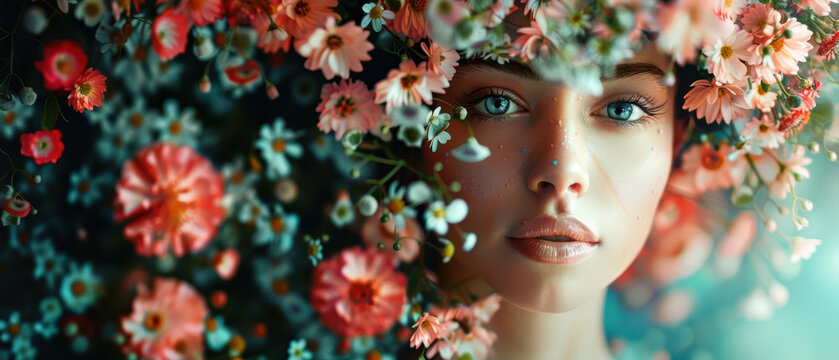 Woman in a floral dress embodying feminine elegance close up vibrant Overlay flower garden