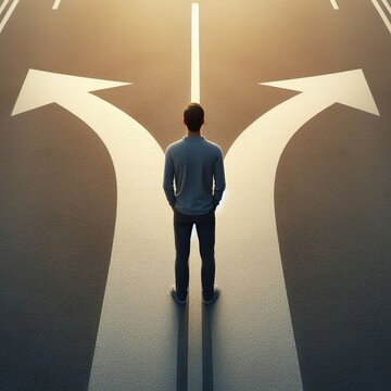um homem parado diante das op&ccedil;&otilde;es de caminhos a seguir em frente. ilustra&ccedil;&atilde;o gerada com ia