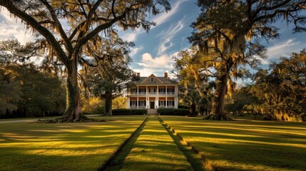 Obraz premium A stately Southern mansion framed by majestic trees with hanging moss.