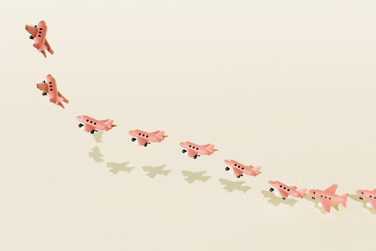 3D Render of Multiple Pink Airplanes in Flight Sequence