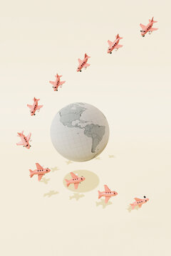 3D Render of Pink Airplanes Flying Around a Globe