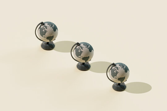 3D Render of Three Globes in Diagonal Alignment