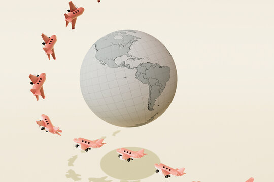 3D Render of Pink Airplanes Circling a Globe