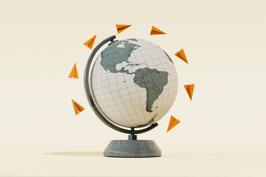 Fototapeta 3D Render of Globe with Orange Paper Planes