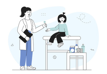 Pediatrician with girl. Woman in medical uniform diagnoses little girl. Treatment, medicine and health care. Hospital occupation. Linear vector illustration