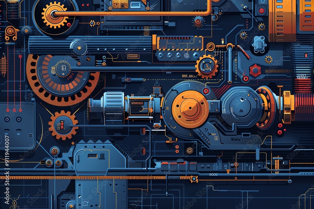 Poster machine part with intricate details, engineering precision, blueprint backdrop, flat design illustra
