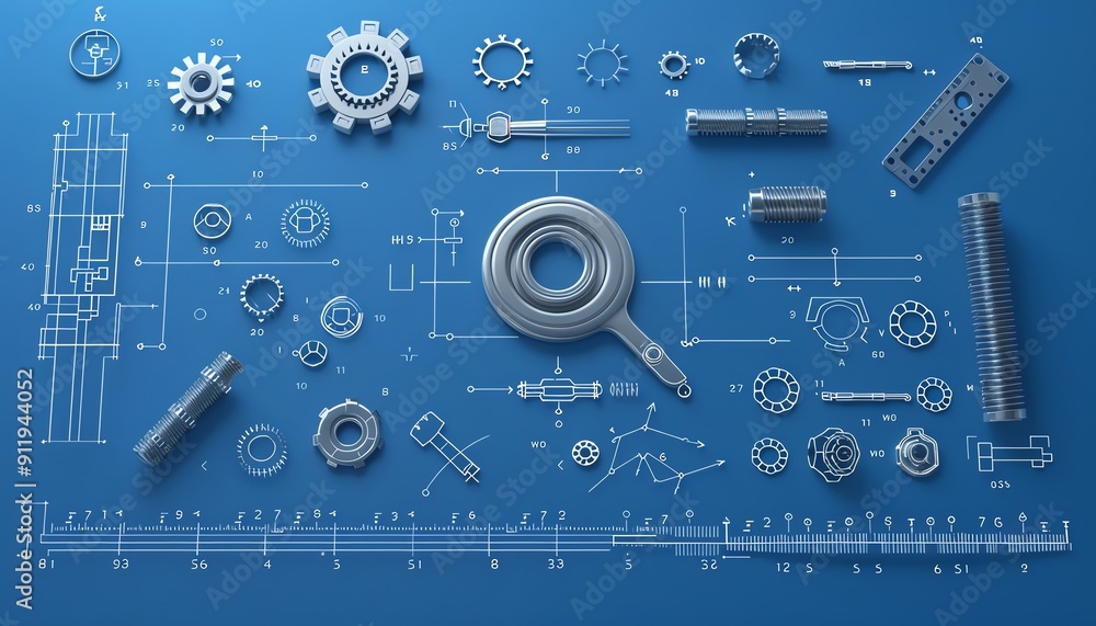 Poster engineering blueprint with machine part upgrade, precision emphasis, flat design illustration