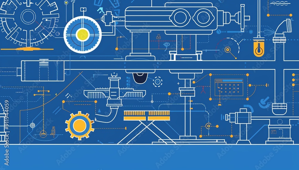 Poster engineering blueprint with machine part upgrade, precision emphasis, flat design illustration