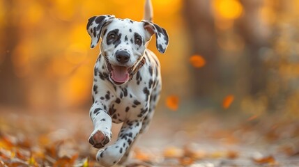 Dalmatian Puppy Running Through Autumn Leaves