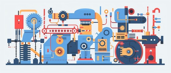 Machine part upgrade, engineering precision, blueprint detail, flat design illustration