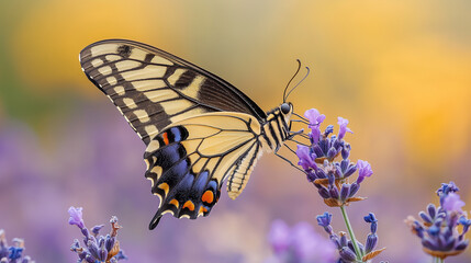 Delicate swallowtail butterfly sipping nectar from a purple lavender sprig
