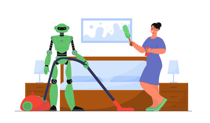 Woman cleaning with robot. Young girl in uniform cleans room with bot. Modern technologies and innovations, artificial intelligence. Cleanliness and hygiene. Flat vector illustration