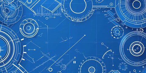 Complex machine part, precision engineering, blueprint background, flat design illustration