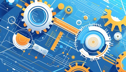 Obraz premium Precision engineering blueprint, complex machine part, flat design illustration