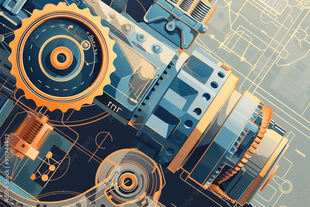 Poster machine part with intricate details, engineering precision, blueprint backdrop, flat design illustra