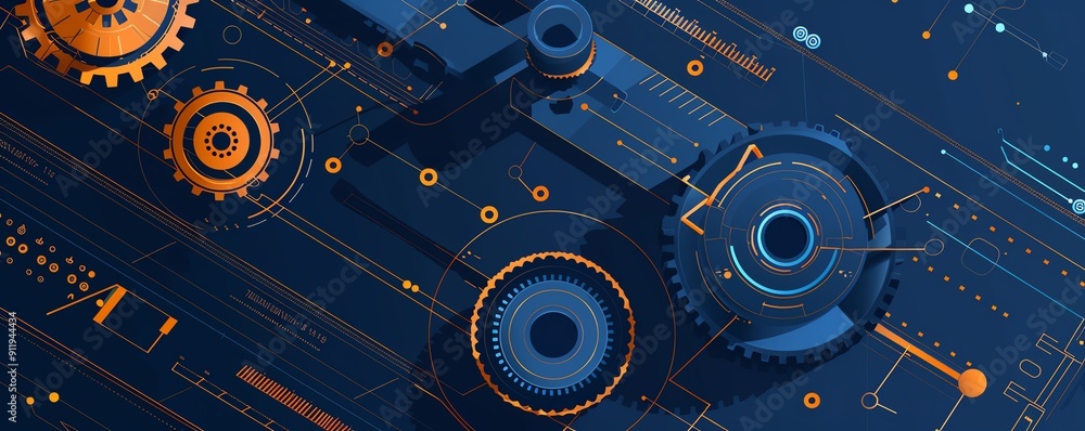 Poster machine part precision, engineering upgrade, blueprint backdrop, flat design illustration