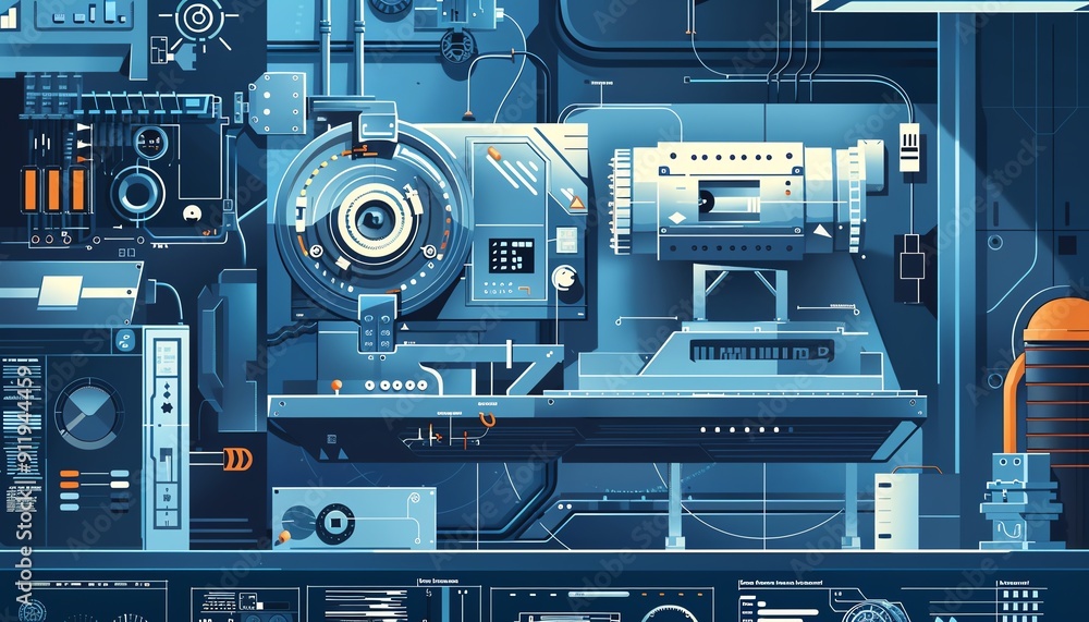 Aufkleber engineering blueprint with machine part upgrade, precision emphasis, flat design illustration