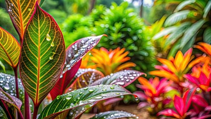 Raindrops glistening on vibrant tropical plants in a garden, raindrops, tropics, low season, monsoon, rain, garden, vibrant