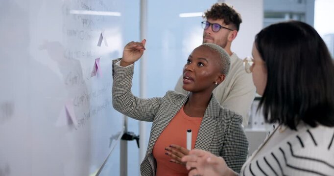 Business people, code and communication with whiteboard for planning, problem solving and collaboration. Network or software engineers, team and conversation for algorithm design and development.