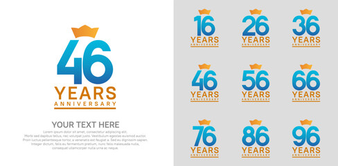 anniversary logotype set. blue color and orange crown can be use for celebration event