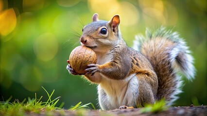 Fototapeta premium A cute squirrel holding a giant acorn in its paws, squirrel, giant acorn, cute, furry, animal, wildlife, nature, rodent, nut