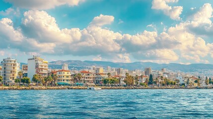 Fototapeta premium Coastal Cityscape with White Clouds and Blue Waters
