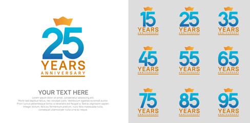 anniversary logotype set. blue color and orange crown can be use for celebration event