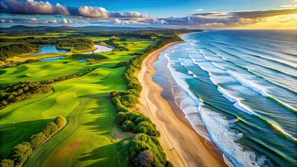 Fototapeta premium Stunning aerial view of a beachfront golf course , luxury, tropical, destination, vacation, picturesque, landscape