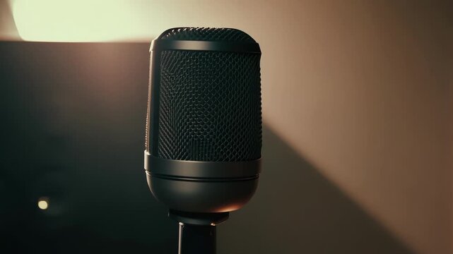 A focused shot of a voice actors professional microphone setup in a soundproof recording studio.