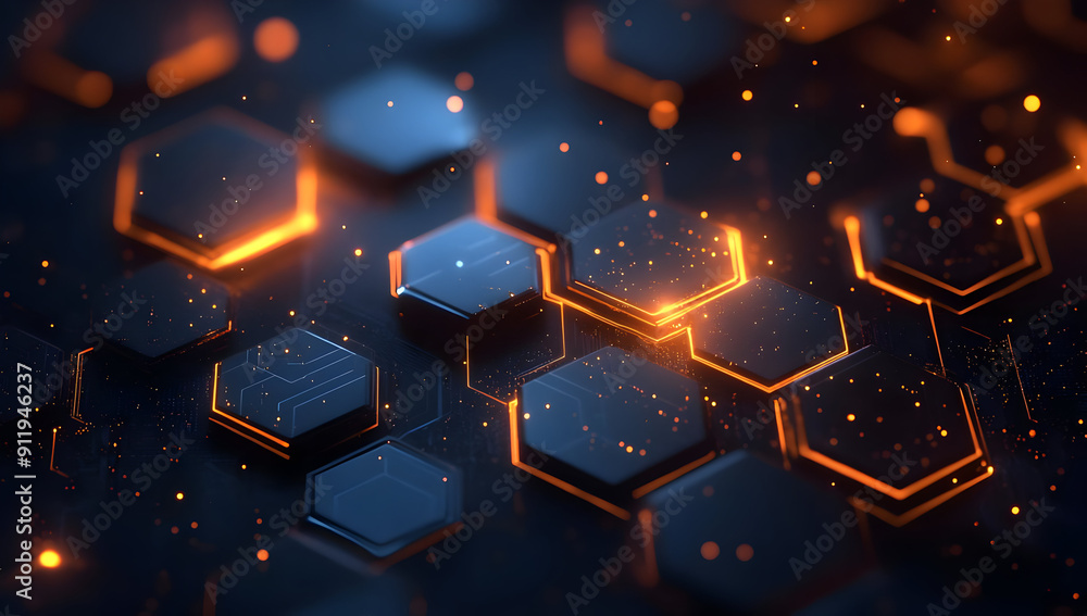 Poster a close-up view of hexagonal shapes illuminated by vibrant orange lights against a dark background, 