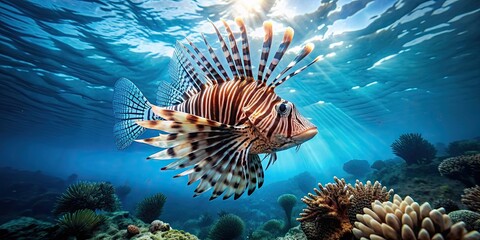 Beautiful lionfish swimming in clear ocean waters, lionfish, underwater, marine life, exotic, tropical, fish, colorful, ocean