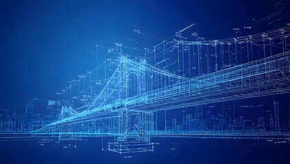 A digital blueprint of a bridge design, showcasing intricate lines and structures against a blue background.