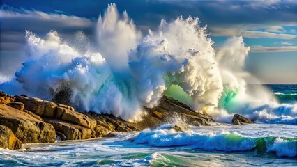 Wave crashing on rocky shore with white foam and spray, ocean, sea, water, wave, breaking, crash, coastal, rocky, shore, foam, spray