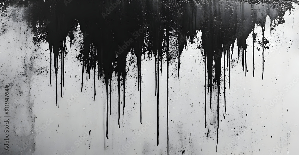 Poster abstract art featuring dripping black paint on a white background, creating a striking contrast and 