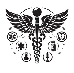 Naklejka premium Caduceus health vector silhouette black vector art illustration design.