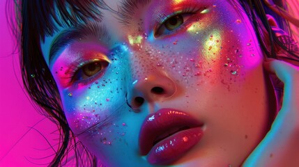 Obraz premium Close up of a woman's face with iridescent makeup.