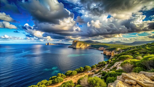 Landscape of the gulf of capo caccia in a sunny and cloudy day Sardinia, Sardinia, Italy, Capo Caccia, Gulf