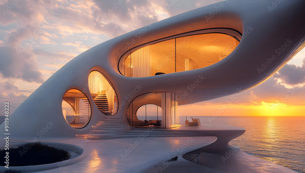 Poster futuristic architecture design featuring a unique, organic structure with large windows overlooking 