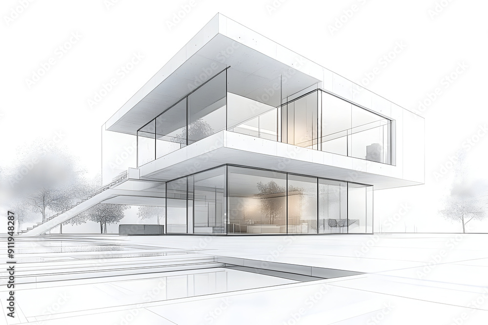 Poster modern architectural design featuring sleek lines, large glass windows, and open spaces in a minimal