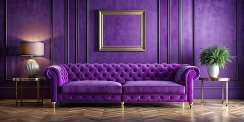 Purple interior design with velvet sofa, abstract art on the wall, and elegant decor , purple, interior, room, design