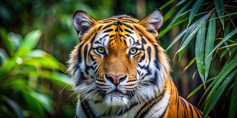 Fototapeta premium Close-up of a majestic Bengal tiger head in the jungle, displaying its beautiful striped fur, nature, jungle, wildlife, wild
