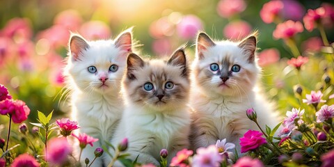 Ragdoll kittens surrounded by blooming pink flowers on a sunny day, Ragdoll, kittens, cats, pink flowers, blooming, nature, adorable