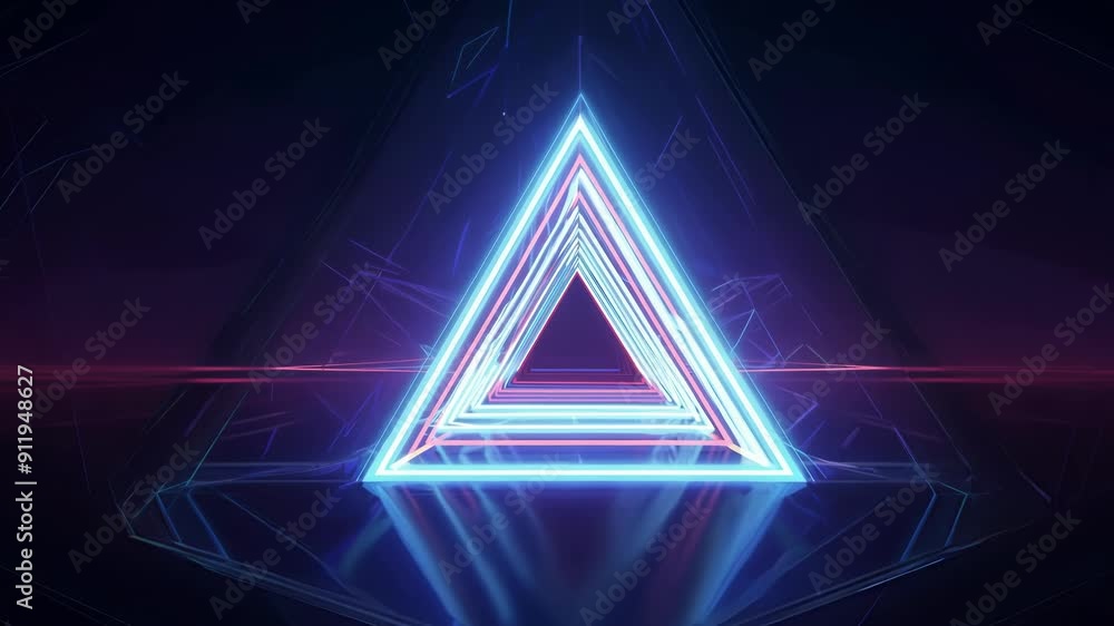 Poster a vibrant neon triangle pulses with glowing light against a dark background, creating stunning refle