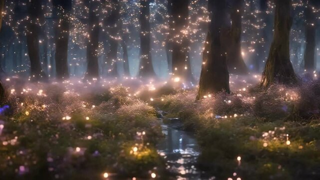 Enchanted fantasy forest with floating glowing fairy lights. cosmic floating, ambient, created with generative ai, seamless looping, 4k, looping, ambient video animation, ambient, bokeh floating ai	