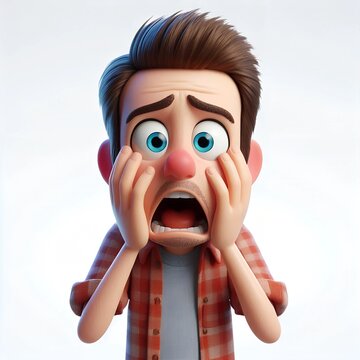 3d charachter Shocked scared amazed cartoon character adult man male guy person portrait, white background. Human people feelings expression concept