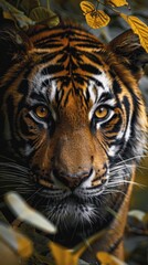 Close up of a tiger's face with a blurry background of leaves.